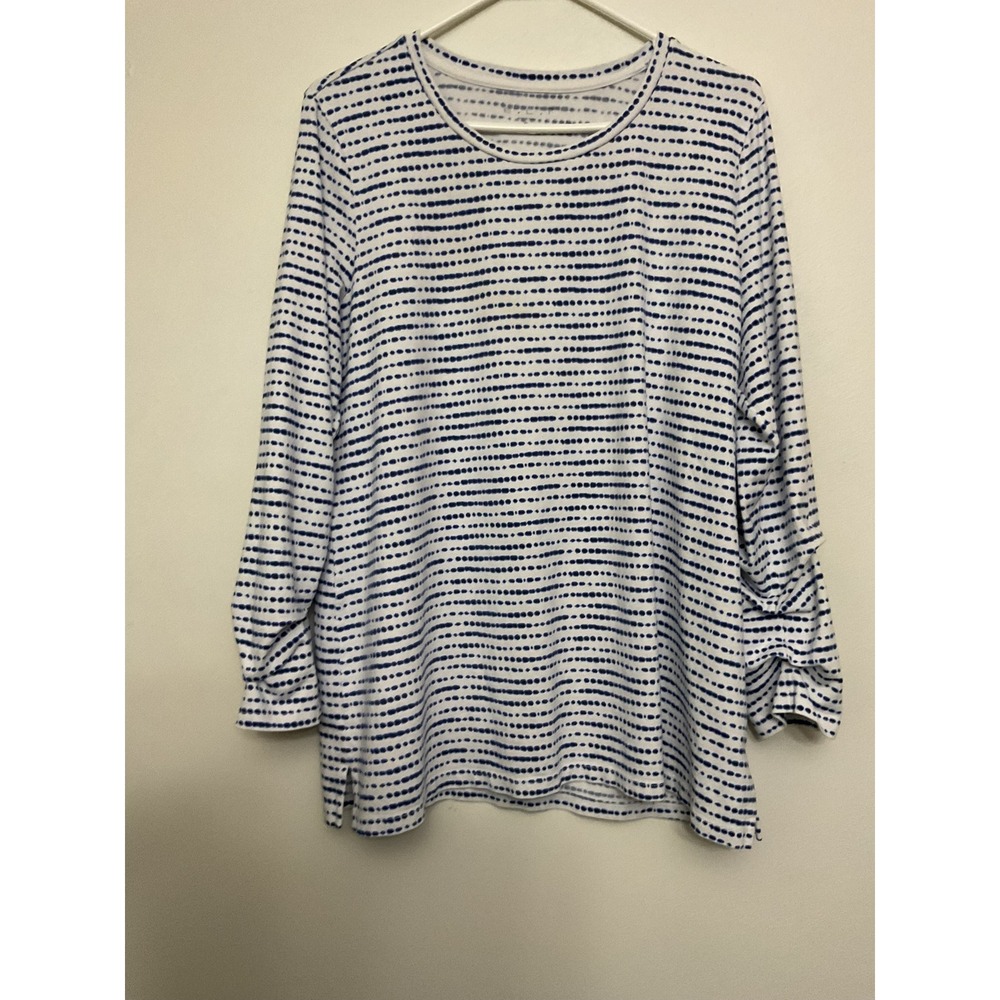 E.L.I Pima Cotton Top Size XL White Blue Dot Print 3/4 Sleeve Casual